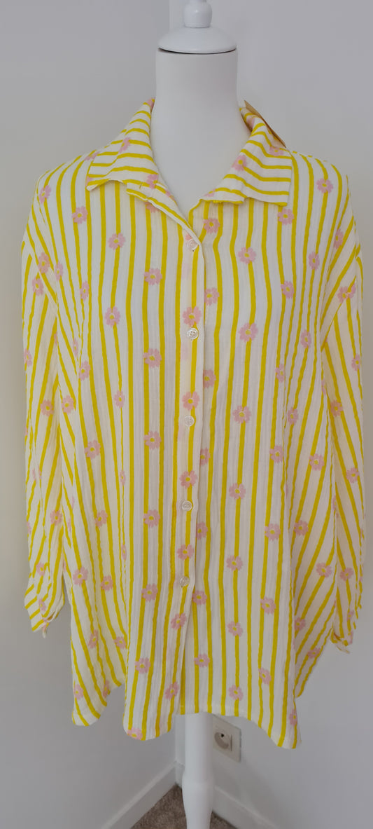Chemise rayée jaune gaze de coton motifs fleurs Taille unique