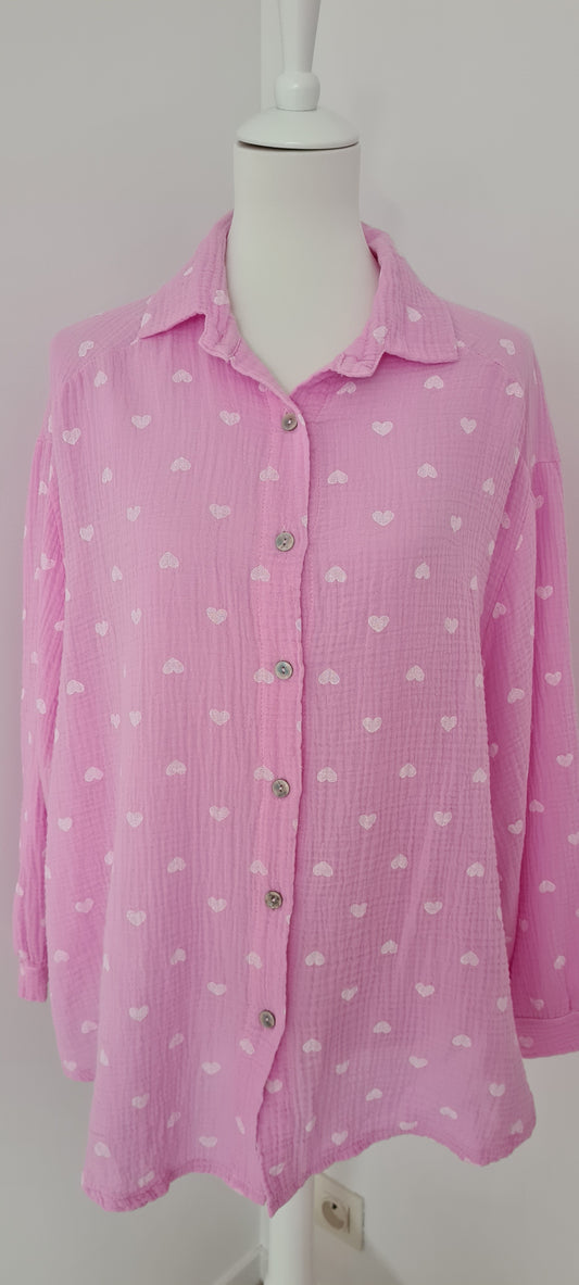 Chemise gaze de coton rose motifs coeurs Taille unique