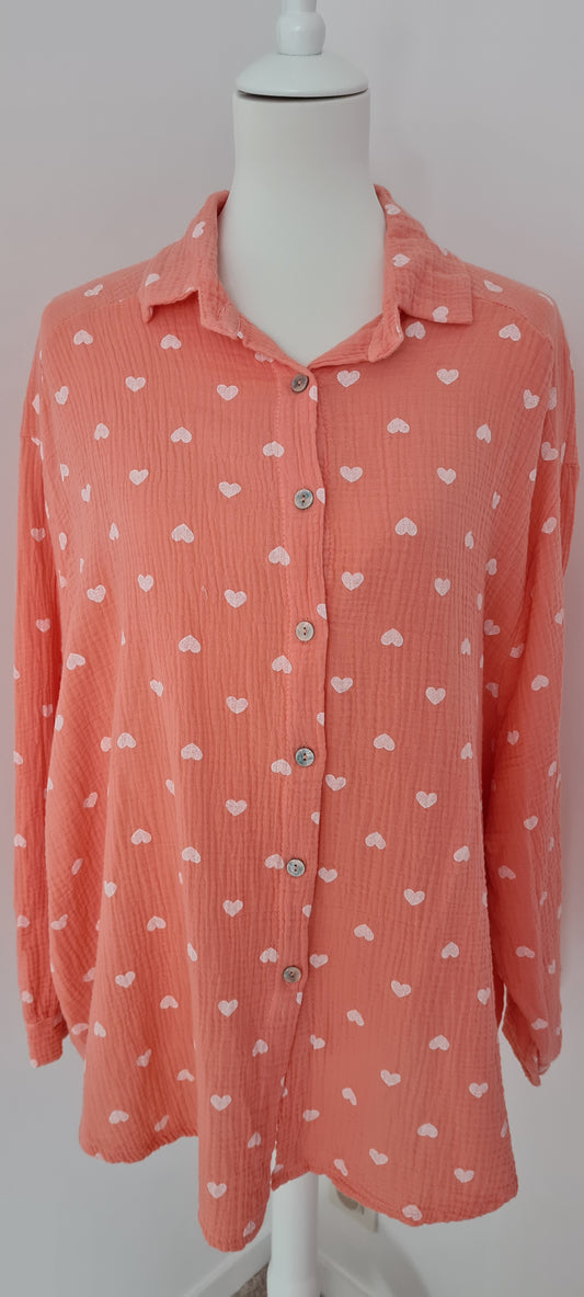 Chemise gaze de coton corail motifs cœurs Taille unique
